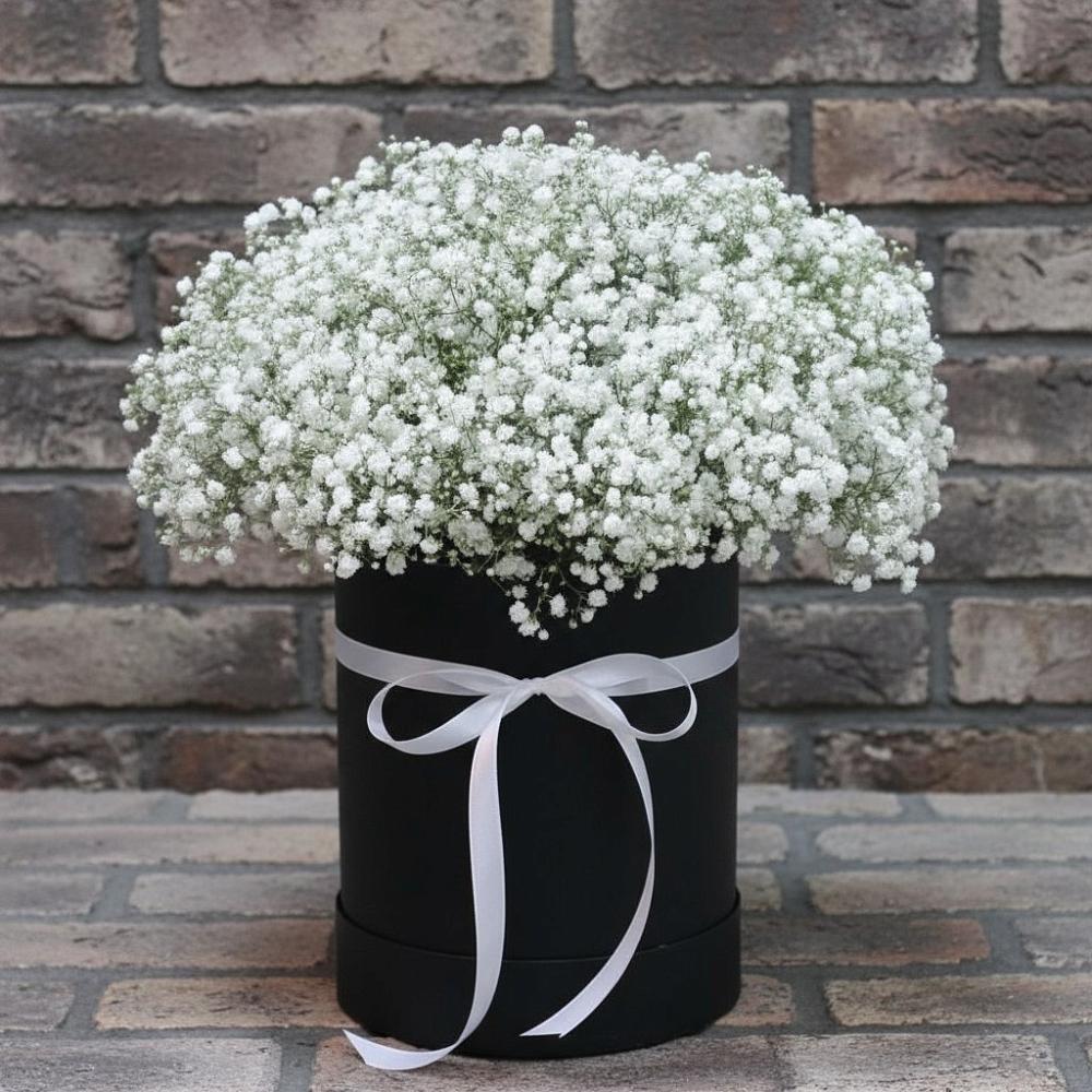 Цветочная композиция из Гипсофила в шляпной коробке в Поселок Конезавода