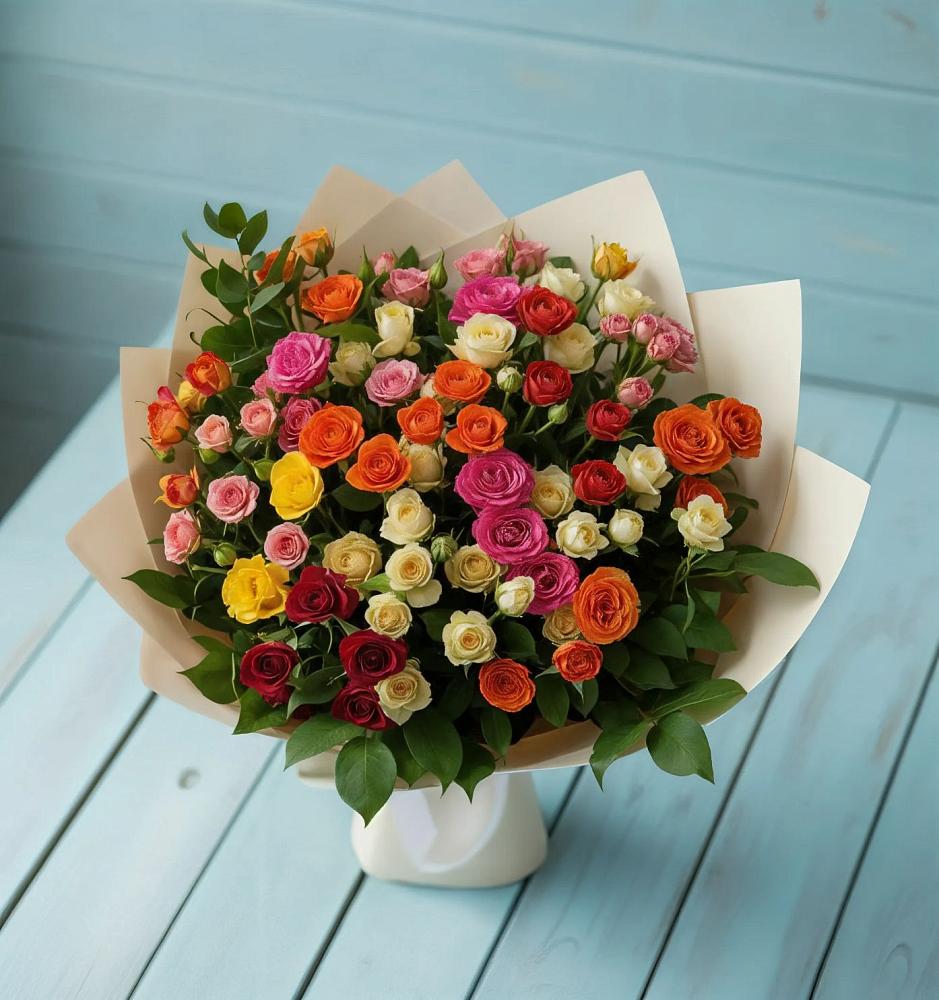 Букет Микс из разноцветных кустовых роз в Поселок Конезавода