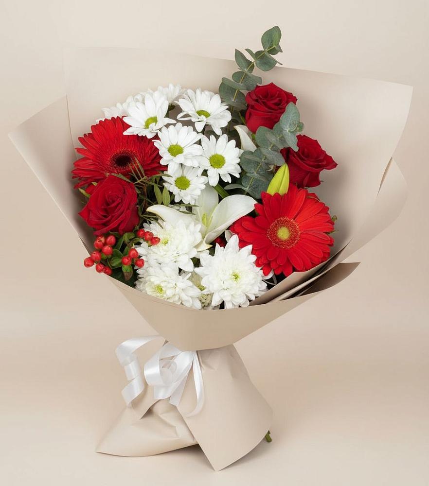 Букет цветов из: Розы, Хризантемы, Герберы и Лилии в Поселок Конезавода