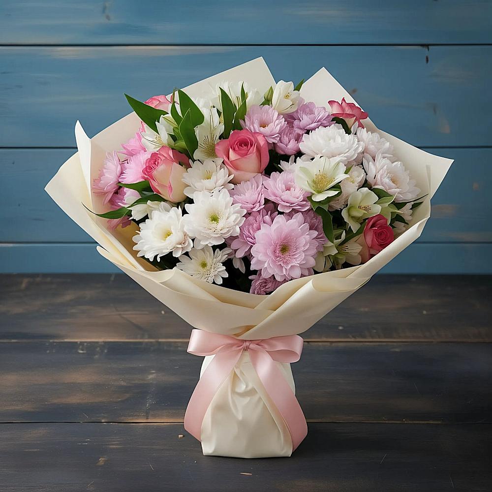 Букет цветов из: Хризантемы, Альстромерии и Розы в Поселок Конезавода